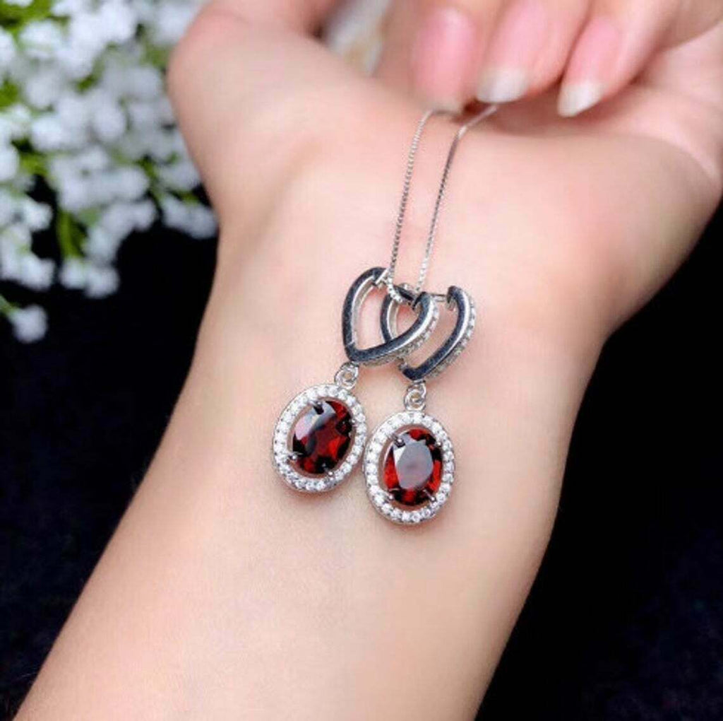 3.50 Ct Oval Cut Red Garnet & White CZ Dangle Earrings White Gold Finish On 925 Sterling Silver