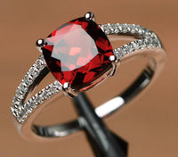 2 CT Cushion Cut Red Garnet Diamond 925 Sterling Silver Unisex Engagement Halo Ring