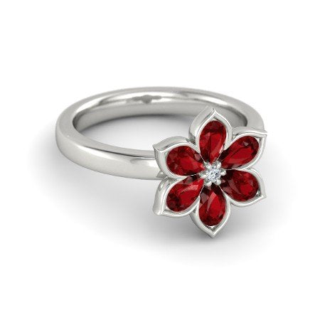 atjewels 925 Sterling Silver Pear Shape Red Garnet & Round Cut White Cubic Zircon Flower Ring MOTHER'S DAY SPECIAL OFFER - atjewels.in