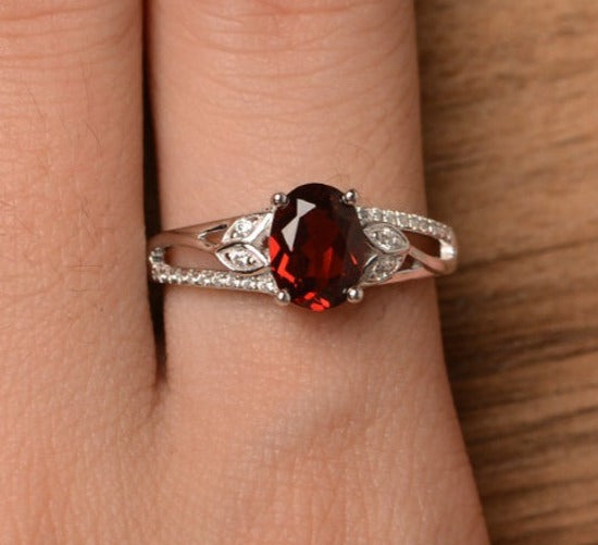 Oval Single Stone Ring CT 925 Sterling Silver Red Ruby Oval Cut - Main Image