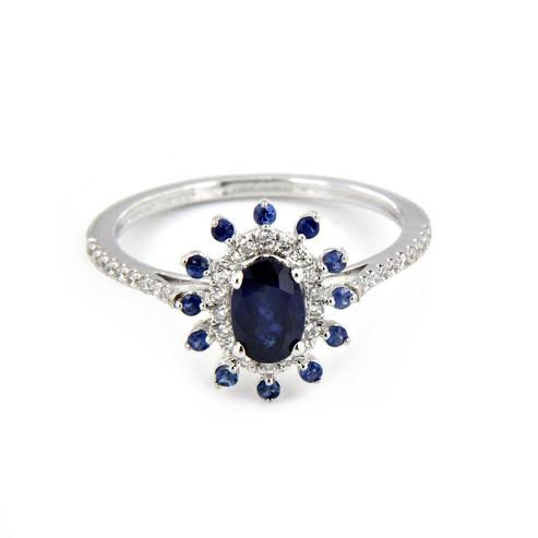 atjewels 18K White Gold Over925 Sterling Silver Oval Cut Blue Sapphire & Round White CZ Flower Ring Size 6 MOTHER'S DAY SPECIAL OFFER - atjewels.in