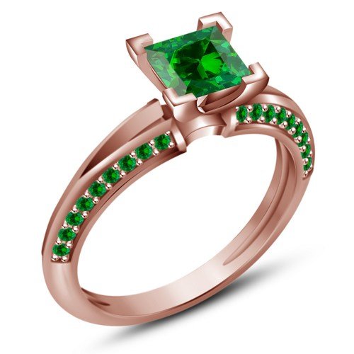 atjewels 18K Rose Gold Plated On 925 Sterling Silver Green Emerald Princess Cut Solitaire With Accents Ring MOTHER'S DAY SPECIAL OFFER - atjewels.in