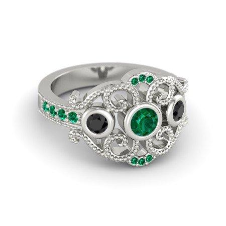 14k White Gold Over 925 Sterling Silver Round Cut Green Emerald & Black Cubic Zirconia Diamond Princess Engagement Wedding Ring - atjewels.in