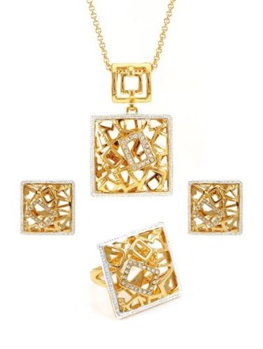 atjewels Round Cut White CZ 14k Yellow Gold Over .925 Sterling Silver Fashion Pendant, Earrings & Ring For Girl's & Women's - atjewels.in