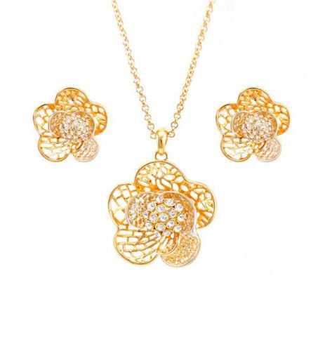 atjewels Round Cut White CZ 14k Yellow Gold Over .925 Sterling Silver Flower Pendant & Earrings For Girl's & Women's - atjewels.in