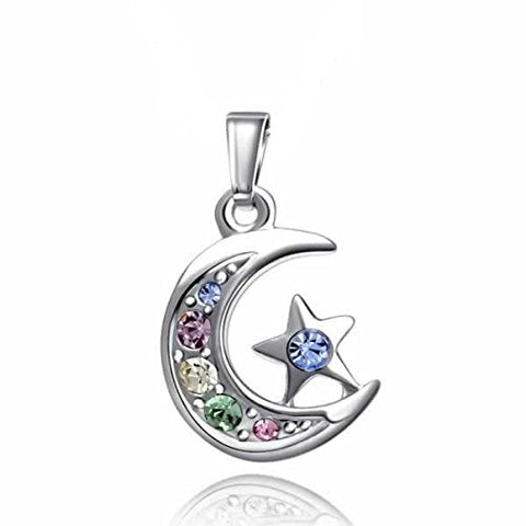 atjewels Special eid 14K White Gold Over .925 Sterling Silver Multicolor Sapphire Chand Star Pendant For Women's MOTHER'S DAY SPECIAL OFFER - atjewels.in