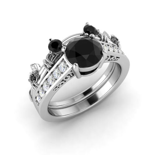 atjewels 14K White Gold On .925 Sterling Silver Black & White Cubic Zircon Mickey Mouse Bridal Ring Set MOTHER'S DAY SPECIAL OFFER - atjewels.in