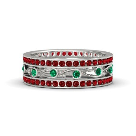 atjewels 14 White Gold Over .925 Sterling Silver Round Ruby and Emerald Sea Spray Band Ring MOTHER'S DAY SPECIAL OFFER - atjewels.in