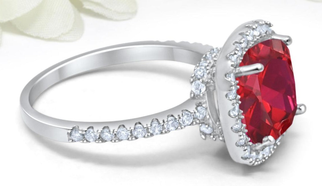 2 CT 925 Sterling Silver Red Ruby Cushion Cut Diamond Engagement Halo Ring