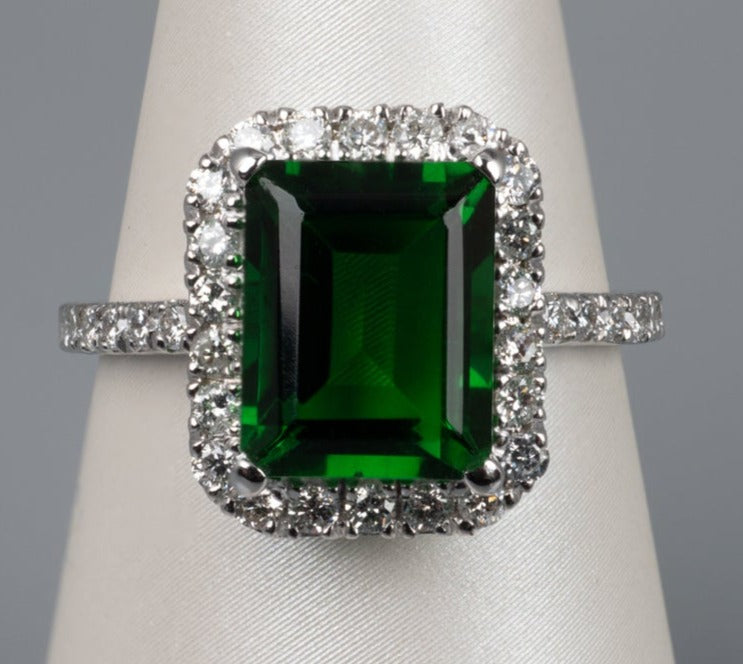 3 CT Emerald Cut Emerald Green Diamond 925 Sterling Silver Halo Unisex Engagement Ring