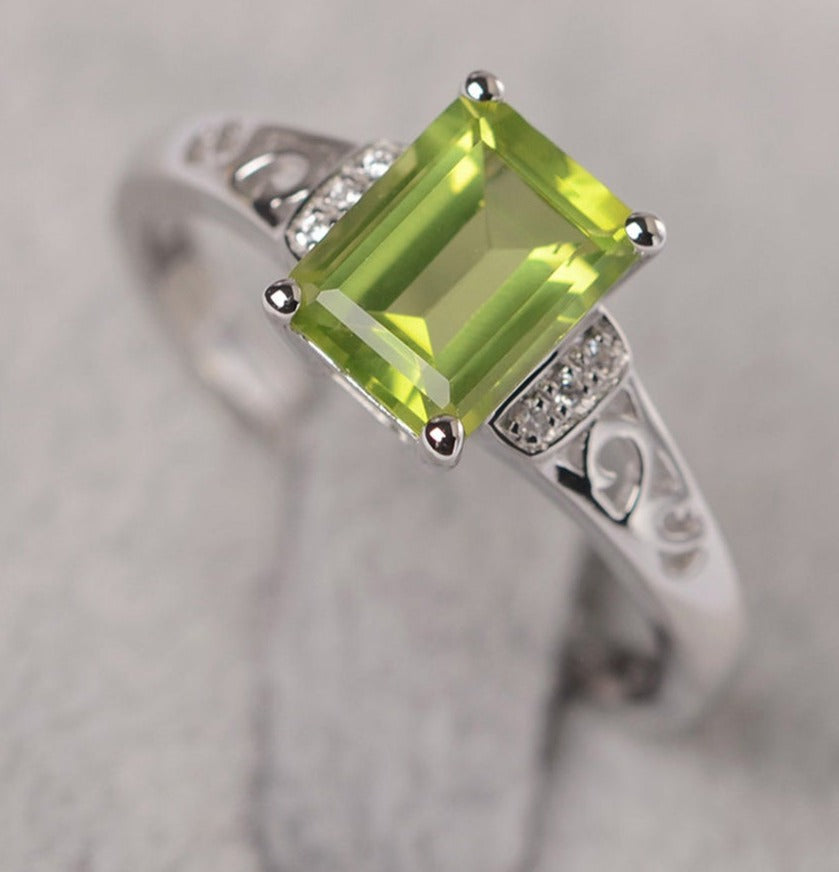 2 CT 925 Sterling Silver Green Peridot Emerald Cut Diamond Women Anniversary Ring