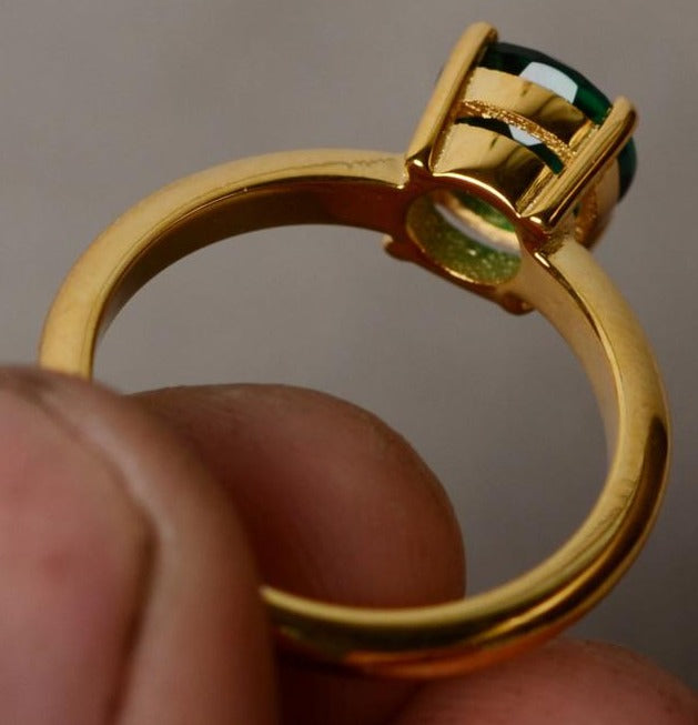 1 CT Round Cut Emerald Green Yellow Gold Over 925 Sterling Sliver Women Solitaire Anniversary Ring Gift For Her