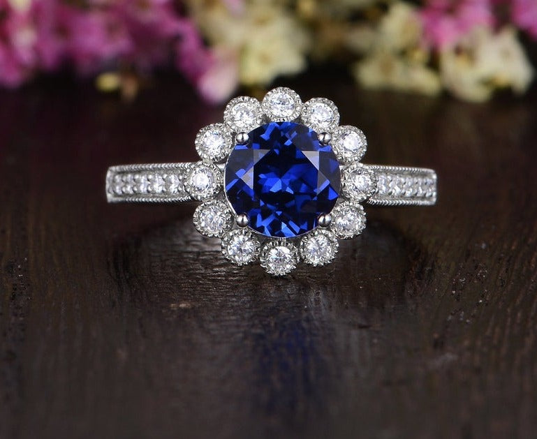 1 CT Round Cut Blue Sapphire Diamond 925 Sterling Silver Halo Flower Engagement Ring