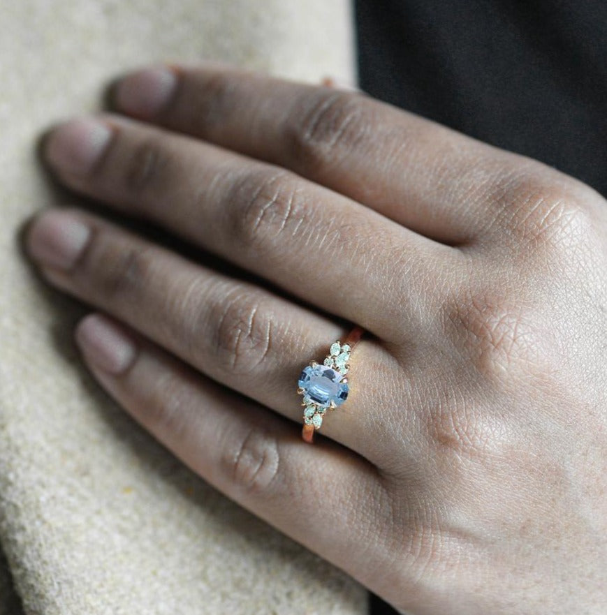 2 CT 925 Sterling Silver Blue Aquamarine Oval Cut Diamond Anniversary Ring