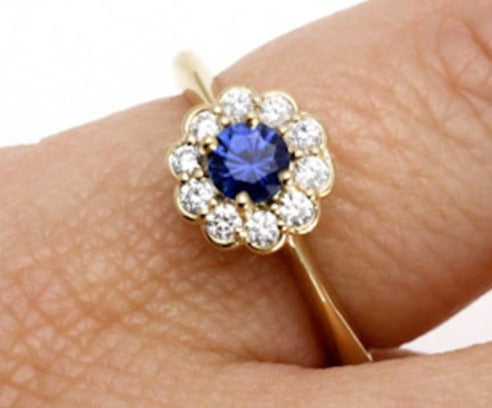 1 CT Round Cut Blue Sapphire Diamond 925 Sterling Silver Women Anniversary Flower Ring