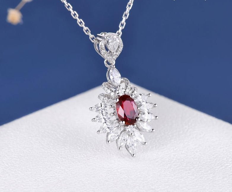 2.50 Ct Oval Cut Red Ruby & White Marquise Diamond Cluster Pendant In 925 Sterling Silver
