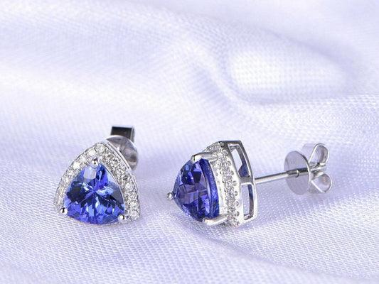 2.00 Ct Trillion Cut Blue Tanzanite Push Back Halo Stud Earrings 925 Sterling Silver