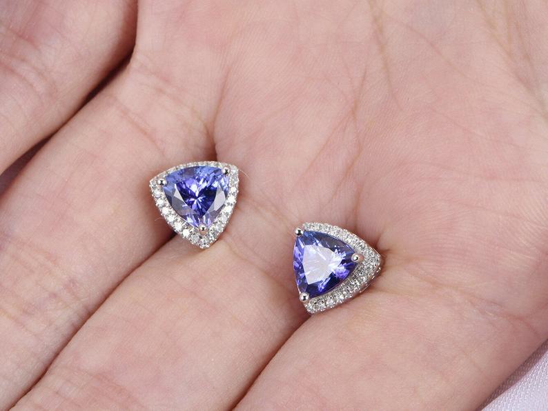 2.00 Ct Trillion Cut Blue Tanzanite Push Back Halo Stud Earrings 925 Sterling Silver