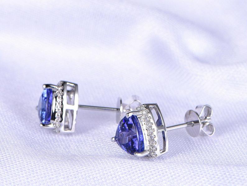 2.00 Ct Trillion Cut Blue Tanzanite Push Back Halo Stud Earrings 925 Sterling Silver