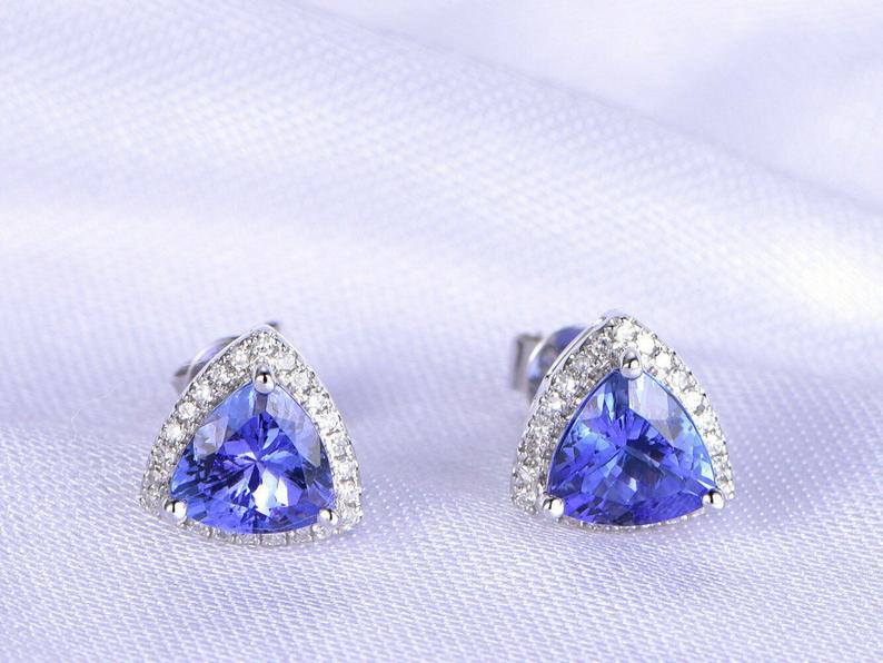 2.00 Ct Trillion Cut Blue Tanzanite Push Back Halo Stud Earrings 925 Sterling Silver