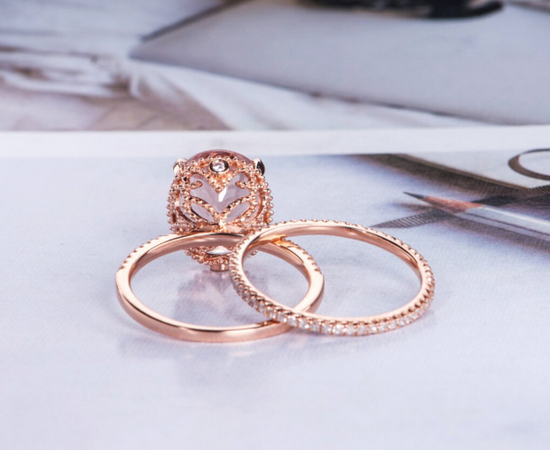 1 CT Oval Cut Morganite Rose Gold Over On 925 Sterling Silver Wedding Bridal Ring Set