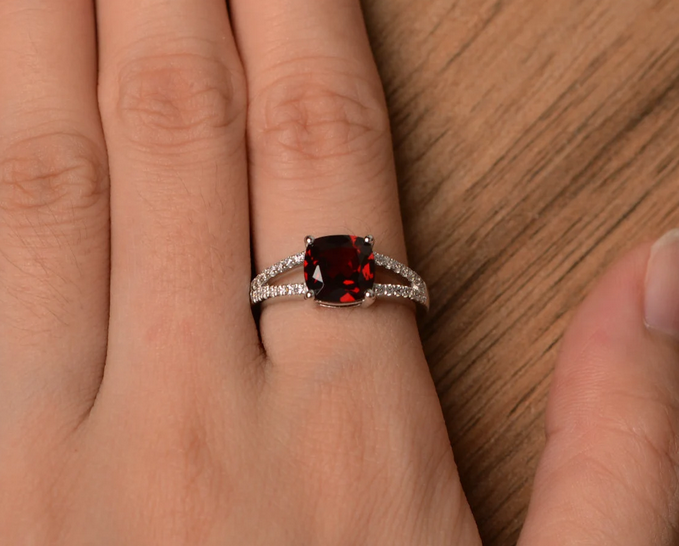 1 CT Cushion Cut Red Garnet White Gold Over On 925 Sterling Silver Solitaire With Accents Ring