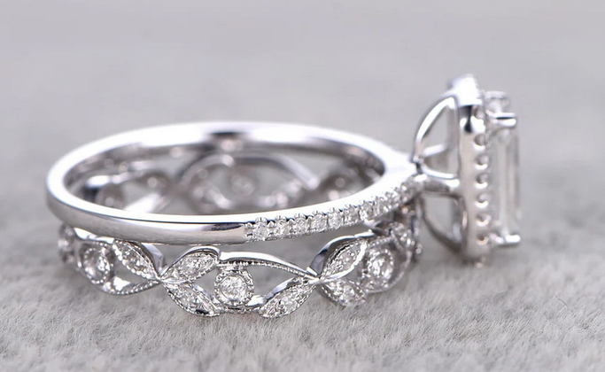 1 CT Emerald Cut Diamond White Gold Over 925 Sterling Silver Halo Engagement Ring Set