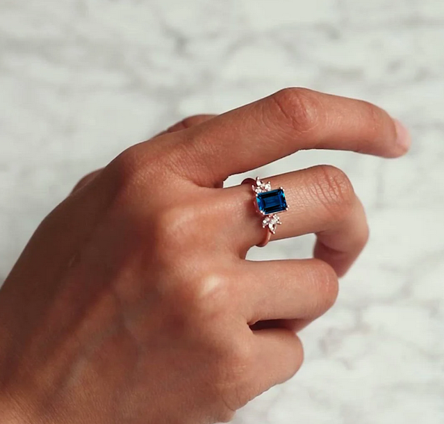 2 CT Emerald Cut London Blue Topaz Diamond Rose Gold Over On 925 Sterling Silver Cluster Engagement Ring