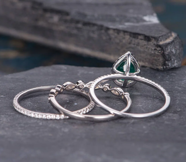 1 Pear Cut Emerald & CZ Diamond White Gold Over On 925 Sterling Silver Halo Wedding Trio Set
