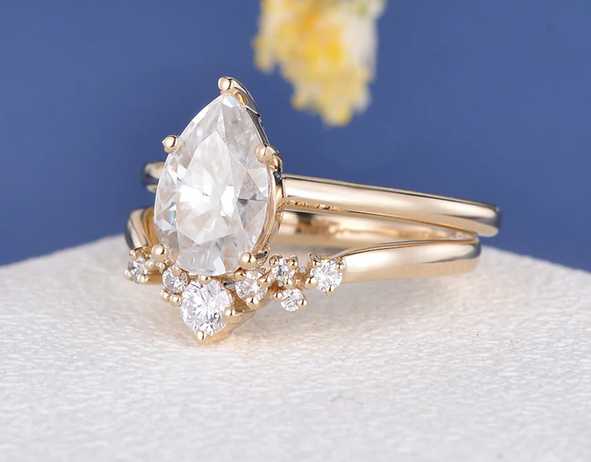 1 CT Pear Cut Yellow Gold Over On 925 Sterling Silver Wedding Bridal Ring Set