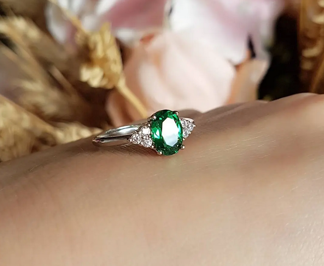 1 CT Oval Emerald White Gold Over On 925 Sterling Silver Solitaire W/Accents Promise Ring