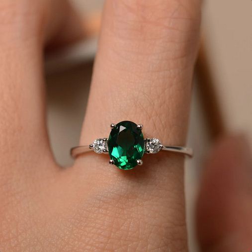 1.25 Ct Oval Cut Green Emerald & White CZ 925 Sterling Silver May Birthstone Ring