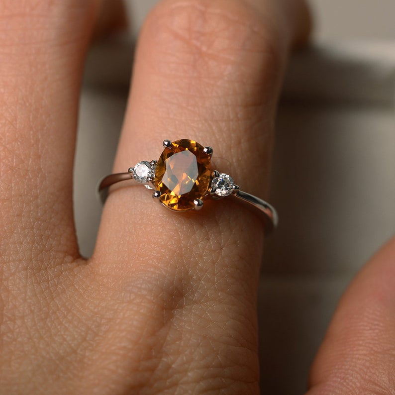1.50 Ct Oval Cut Yellow Citrine & Round CZ Three-Stone Promise Ring In 925 Sterling Silver