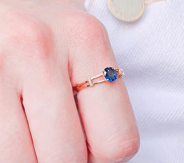 1 CT Oval Cut Blue Sapphire Rose Gold Over On 925 Sterling Silver Solitaire Promise Ring