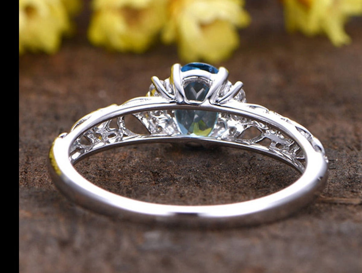2 CT 925 Sterling Silver Oval Cut Blue Topaz Diamond Wedding Engagement Band Ring