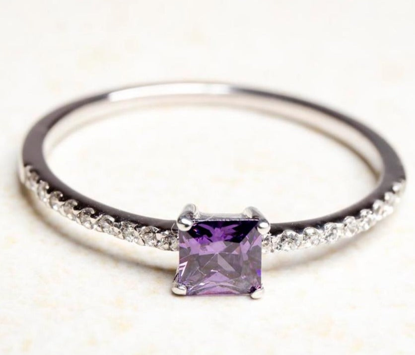 0.50 CT 925 Sterling Silver Amethyst Princess Cut Diamond Anniversary Ring