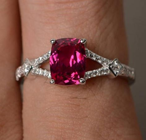 2 CT Cushion Cut Red Ruby Diamond 925 Sterling Silver Anniversary Band Ring