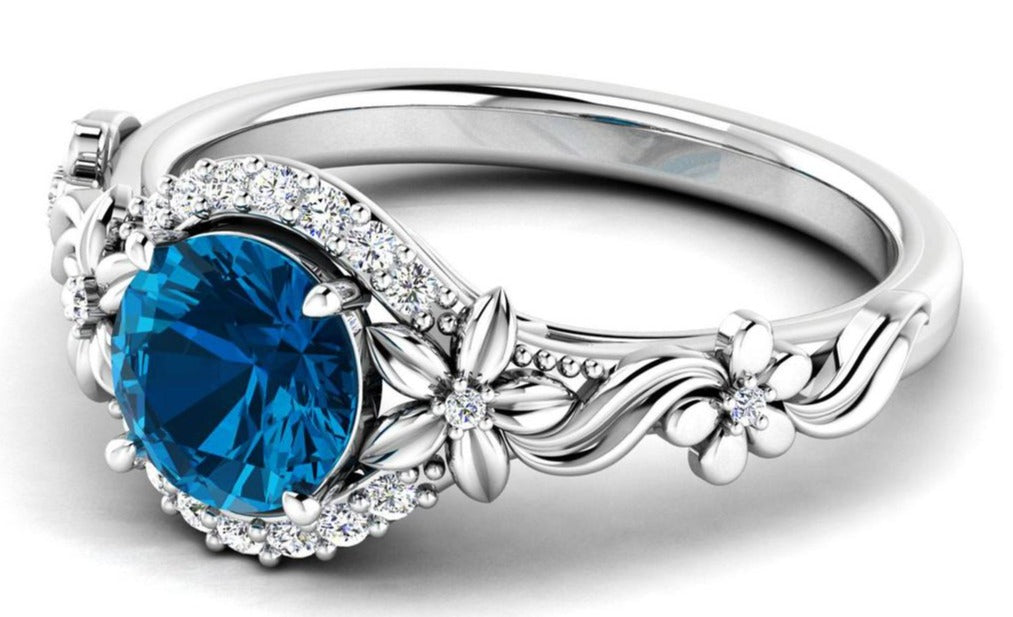 1 CT 925 Sterling Silver Blue Topaz Round Cut Diamond Women Engagement Ring