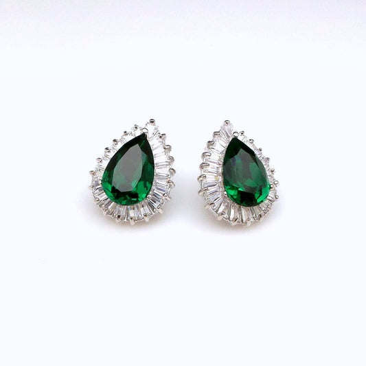 2.50 Ct Pear Cut Green Emerald Halo Anniversary Gift Earrings In 925 Sterling Silver