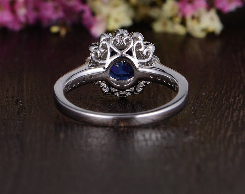 1 CT Round Cut Blue Sapphire Diamond 925 Sterling Silver Halo Flower Engagement Ring