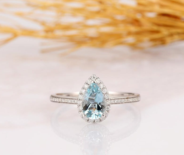 1.20 CT Pear Cut Aquamarine & Round CZ 925 Sterling Silver Halo Anniversary Gift Ring For her