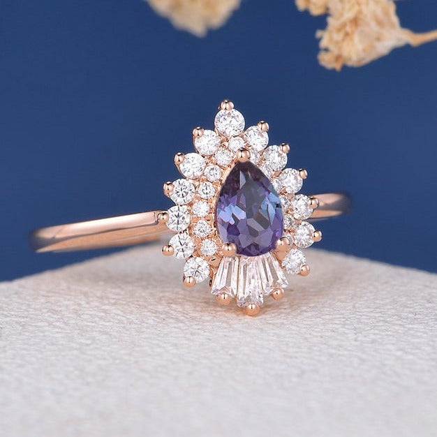2 CT Pear Cut Alexandrite Diamond  925 Sterling Silver Antique Baguette Cluster Wedding Ring