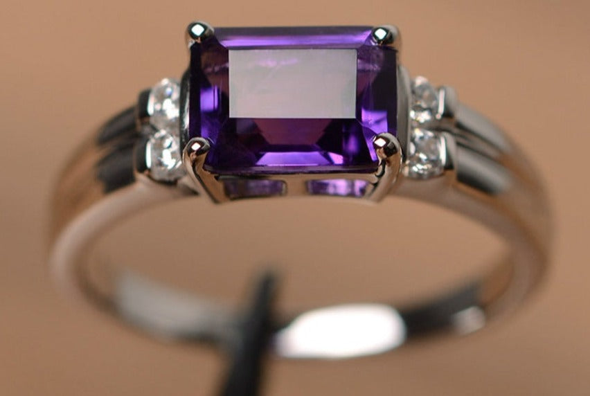 Emerald Cut Purple Amethyst Diamond Split Shank Engagement Ring 14K Gold