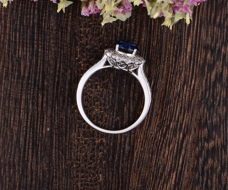 1 CT Round Cut Blue Sapphire Diamond 925 Sterling Silver Halo Flower Engagement Ring