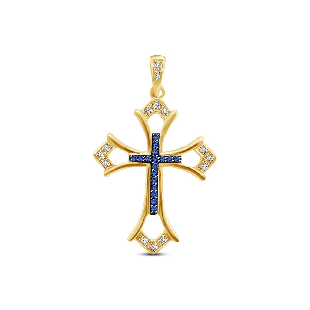 atjewels Round Cut Blue Sapphire & White CZ 14k Yellow Gold Over .925 Sterling Silver Cross Pendant For MOTHER'S DAY SPECIAL OFFER - atjewels.in
