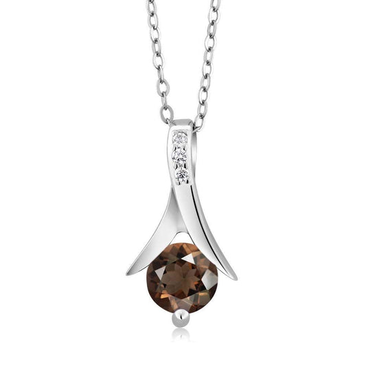 atjewels .925 Sterling Silver Round Cut Brown Smoky Quartz & White CZ Solitaire Pendant For Women's MOTHER'S DAY SPECIAL OFFER - atjewels.in
