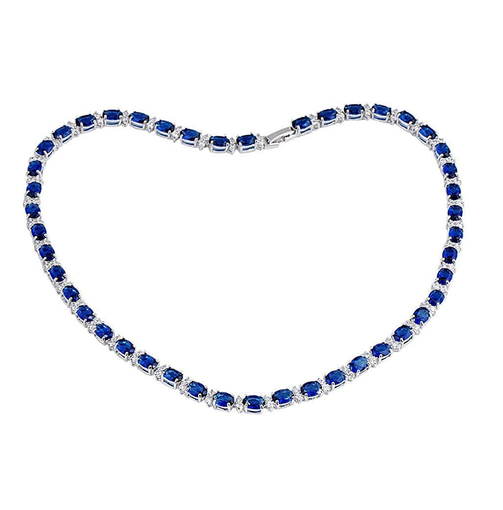 45 CT Oval Cut Blue Sapphire & Diamond 14K White Gold Over 925 Sterling Silver Tennis 16" Necklace - atjewels.in