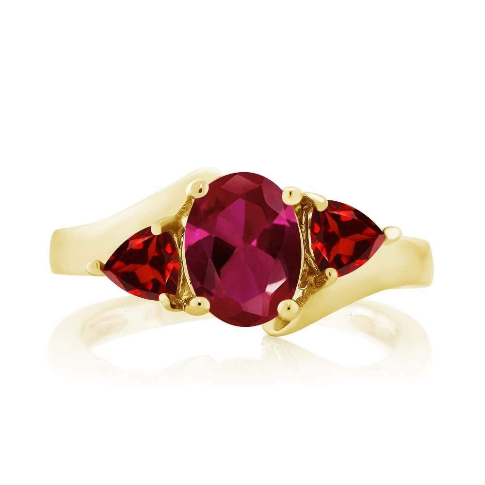 atjewels 14K Yellow Gold Over 925 Sterling Silver Oval and Triangle Pink and Red Ruby Three Stone Ring MOTHER'S DAY SPECIAL OFFER - atjewels.in