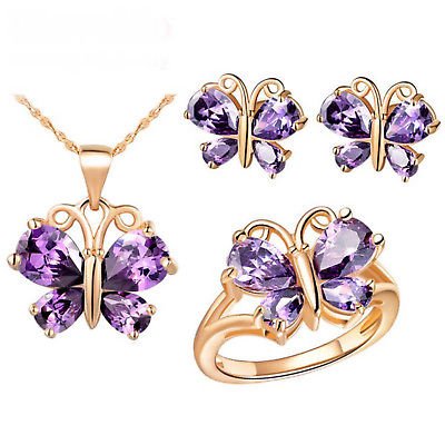 atjewels Pear Cut Purple Amethyst 14k Rose Gold Over .925 Sterling Silver Butterfly Earrings, Ring & Pendant Jewelry Set For Women's/Girl's For Ganesh Chaturthi Special - atjewels.in