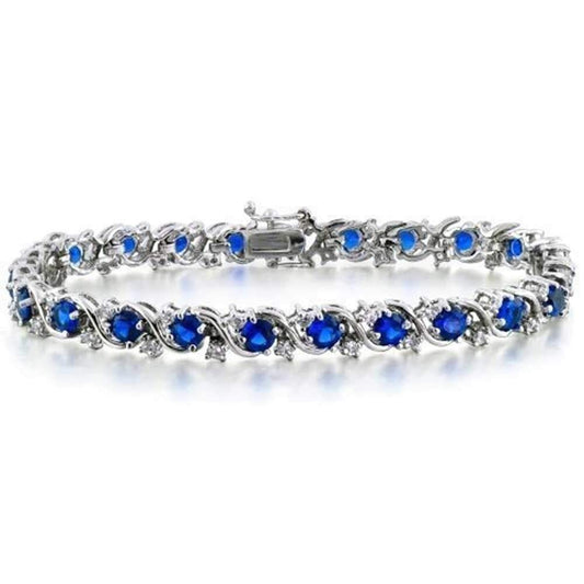 4 CT Round Cut Blue Sapphire & CZ 14K White Gold Over 925 Sterling Silver Infinity Waved Bracelet - atjewels.in
